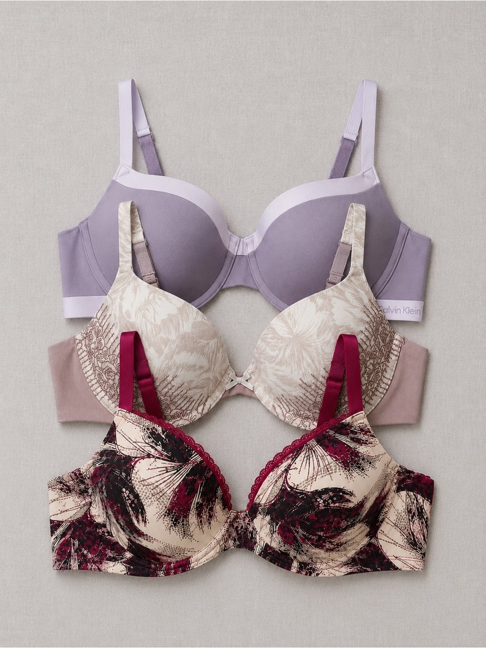 Calvin Klein Bundle (3) Lavender, Beige and Burgundy Printed Bra Set